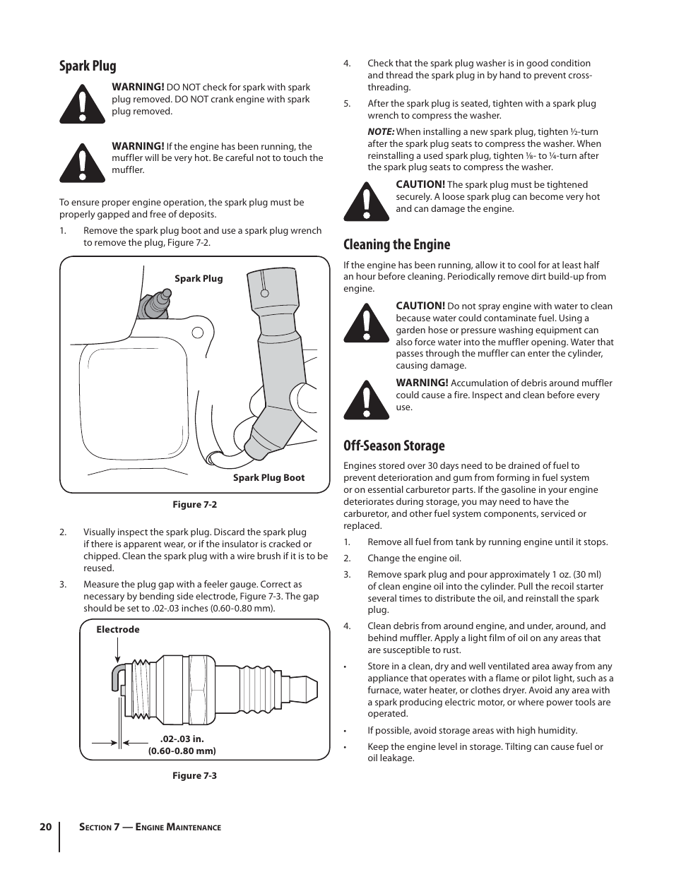 Cleaning the engine, Off-season storage, Spark plug | Cub Cadet 524 SWE User Manual | Page 20 / 28