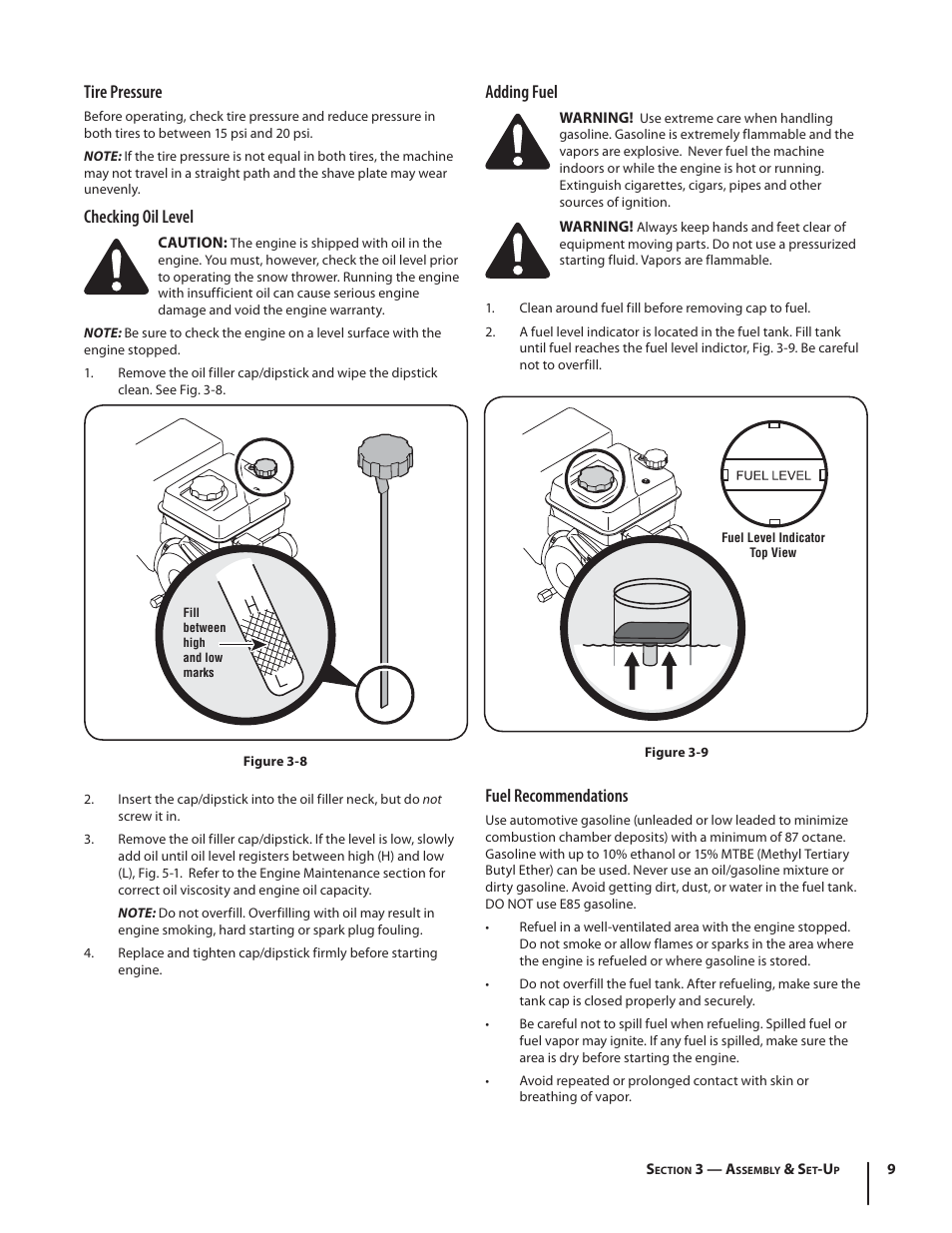 Tire pressure, Checking oil level, Adding fuel | Fuel recommendations | Cub Cadet 524 SWE User Manual | Page 9 / 28