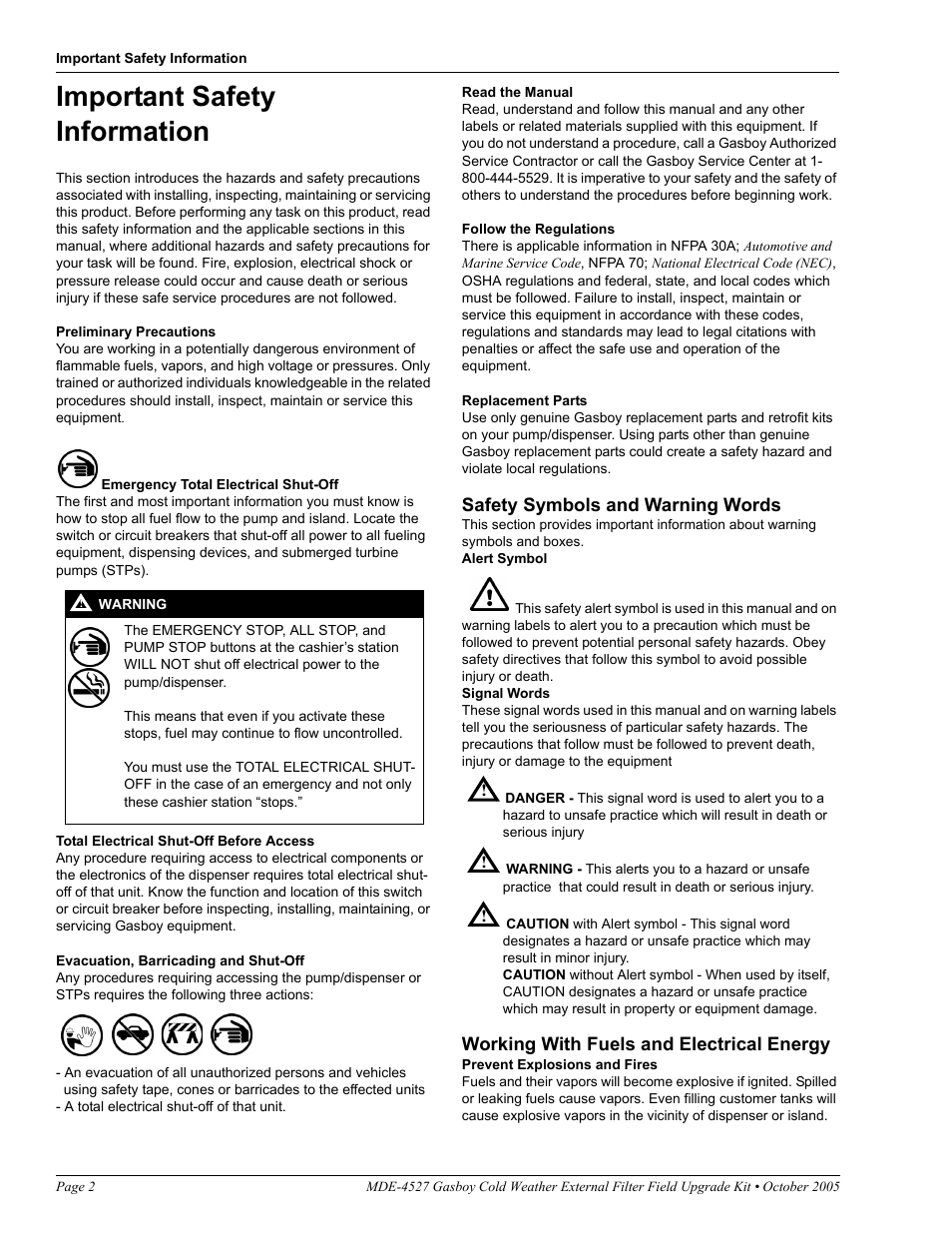 Important safety information, Safety symbols and warning words, Working with fuels and electrical energy | Gasboy Cold Weather External Filter Upgrade Kit User Manual | Page 2 / 6