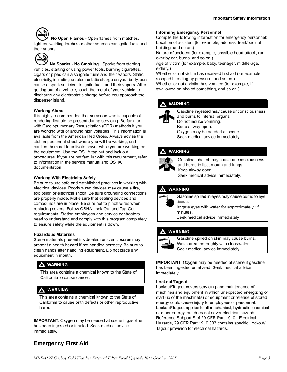 Emergency first aid | Gasboy Cold Weather External Filter Upgrade Kit User Manual | Page 3 / 6