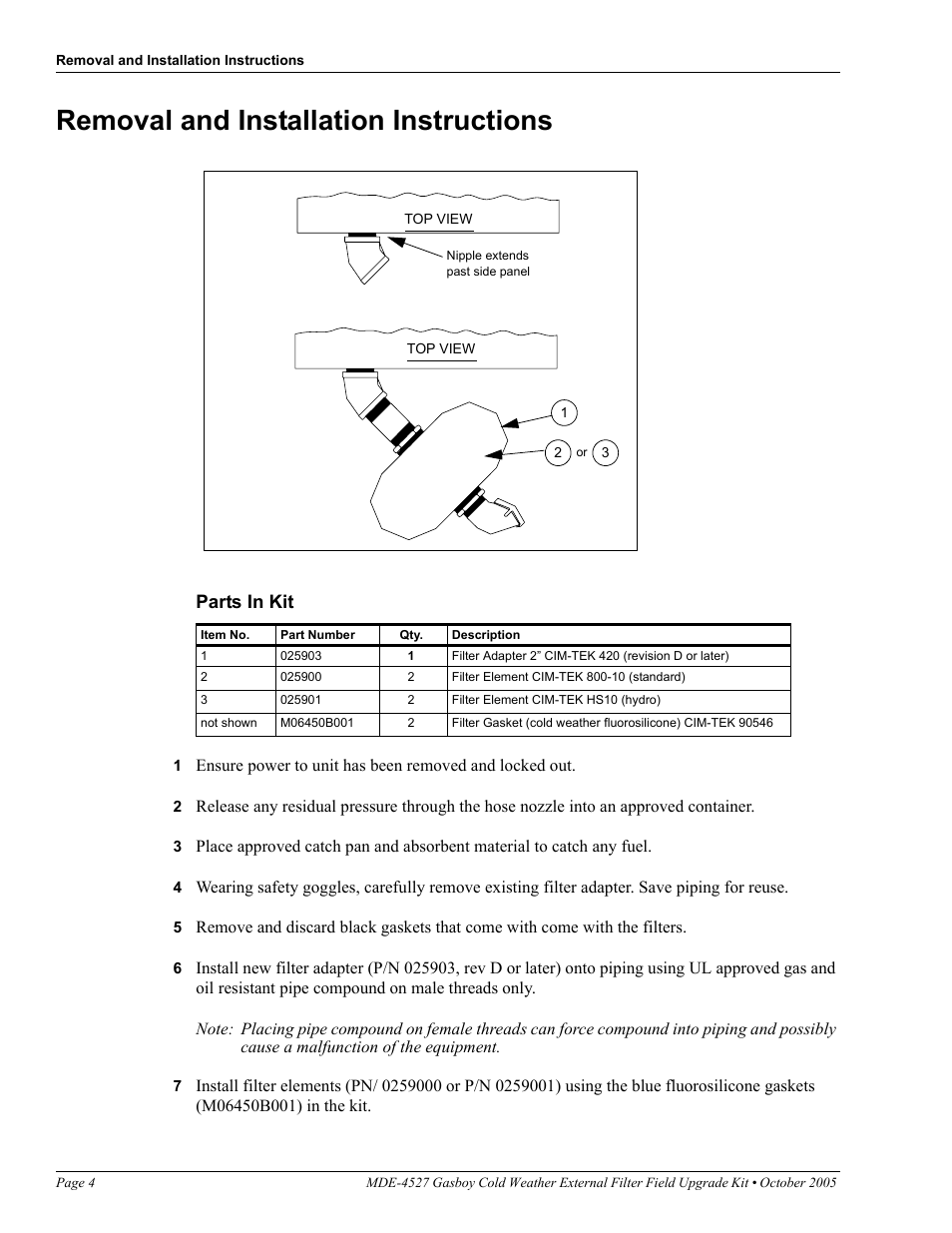 Removal and installation instructions, Parts in kit | Gasboy Cold Weather External Filter Upgrade Kit User Manual | Page 4 / 6