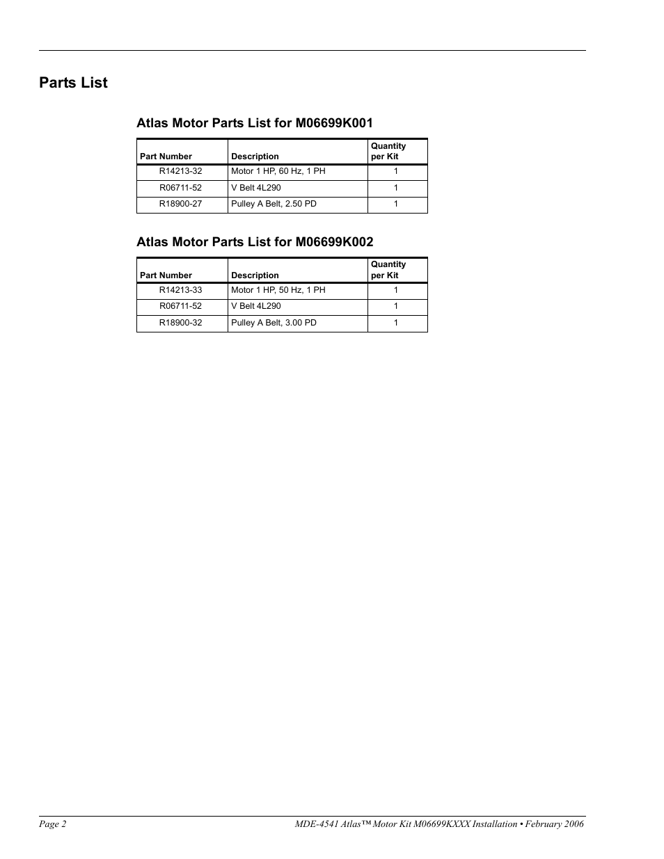 Parts list, Atlas motor parts list for m06699k001, Atlas motor parts list for m06699k002 | Gasboy M06699KXXX User Manual | Page 2 / 8