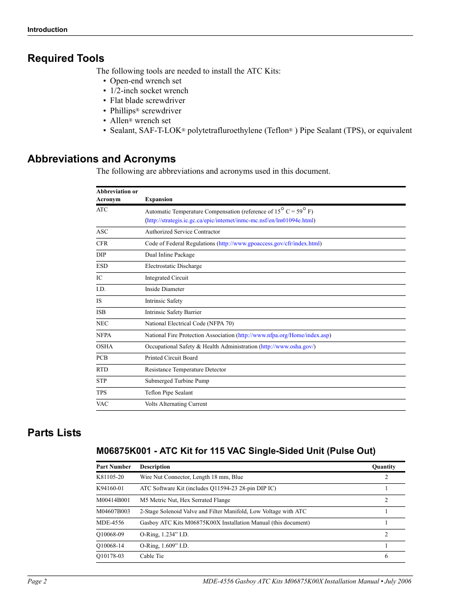 Required tools, Abbreviations and acronyms, Parts lists | Screwdriver • allen, Wrench set • sealant, saf-t-lok, Polytetrafluroethylene (teflon, Pipe sealant (tps), or equivalent | Gasboy M06875K00X User Manual | Page 2 / 22