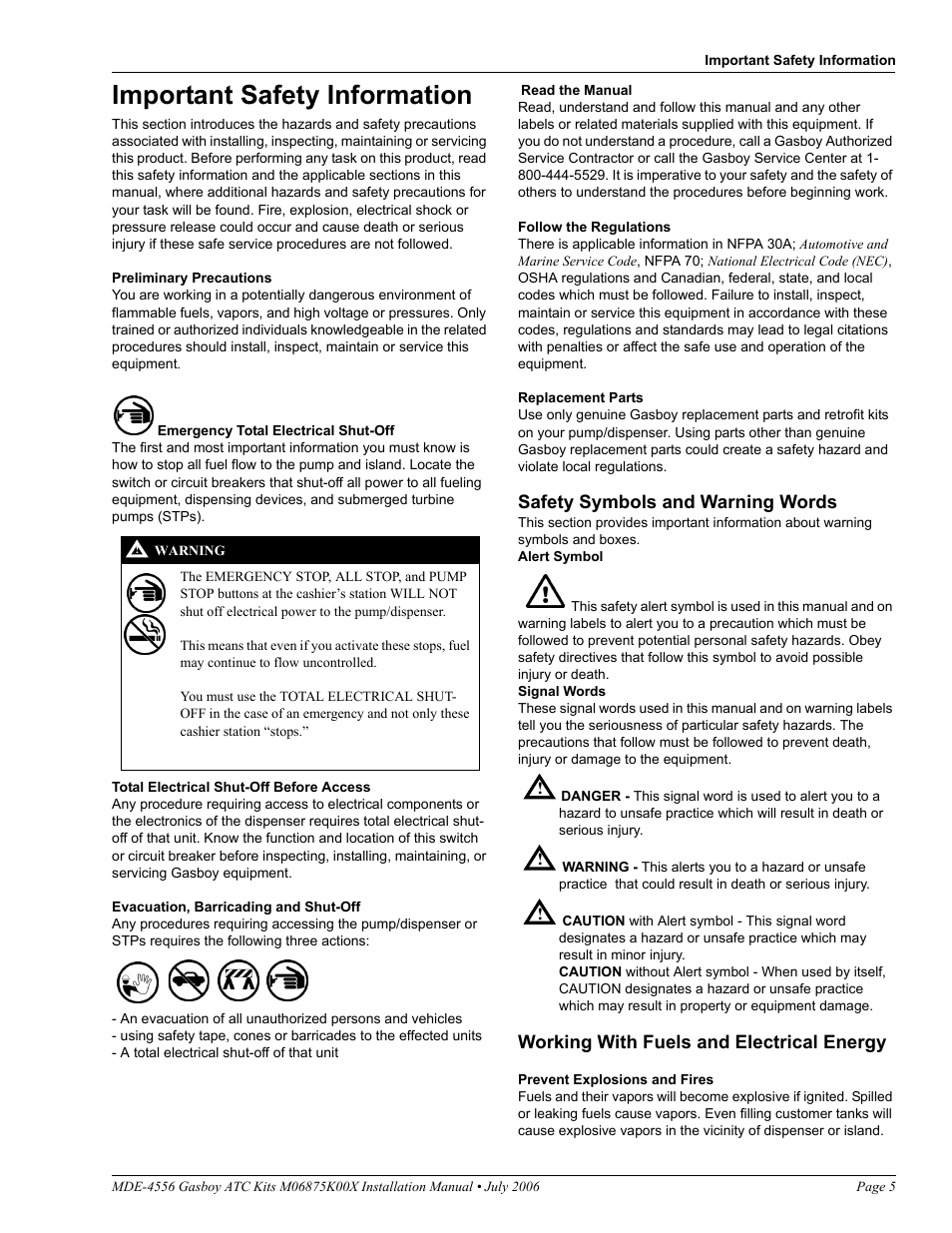 Important safety information, Safety symbols and warning words, Working with fuels and electrical energy | Gasboy M06875K00X User Manual | Page 5 / 22