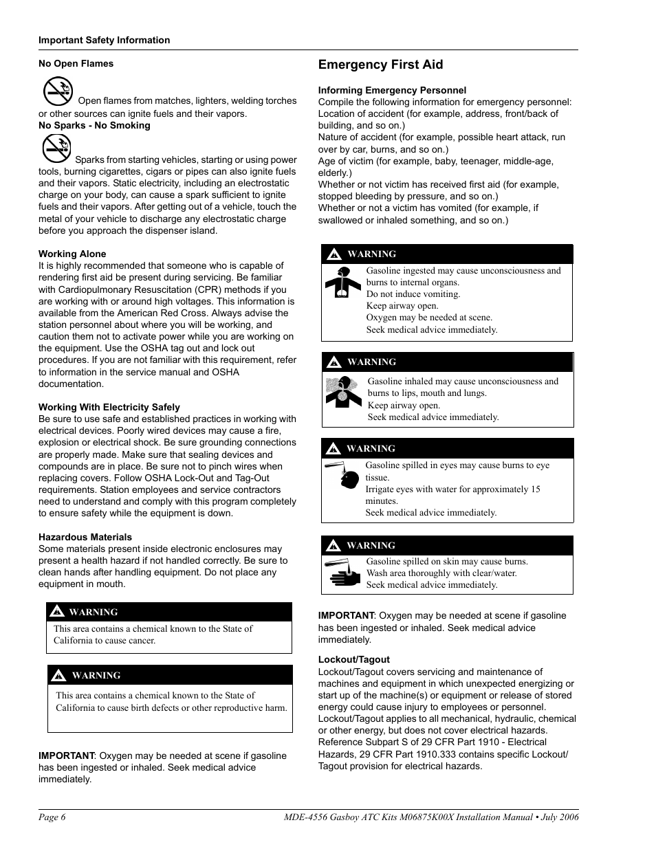 Emergency first aid | Gasboy M06875K00X User Manual | Page 6 / 22