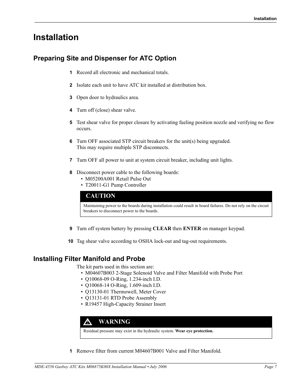 Installation, Preparing site and dispenser for atc option, Installing filter manifold and probe | Gasboy M06875K00X User Manual | Page 7 / 22