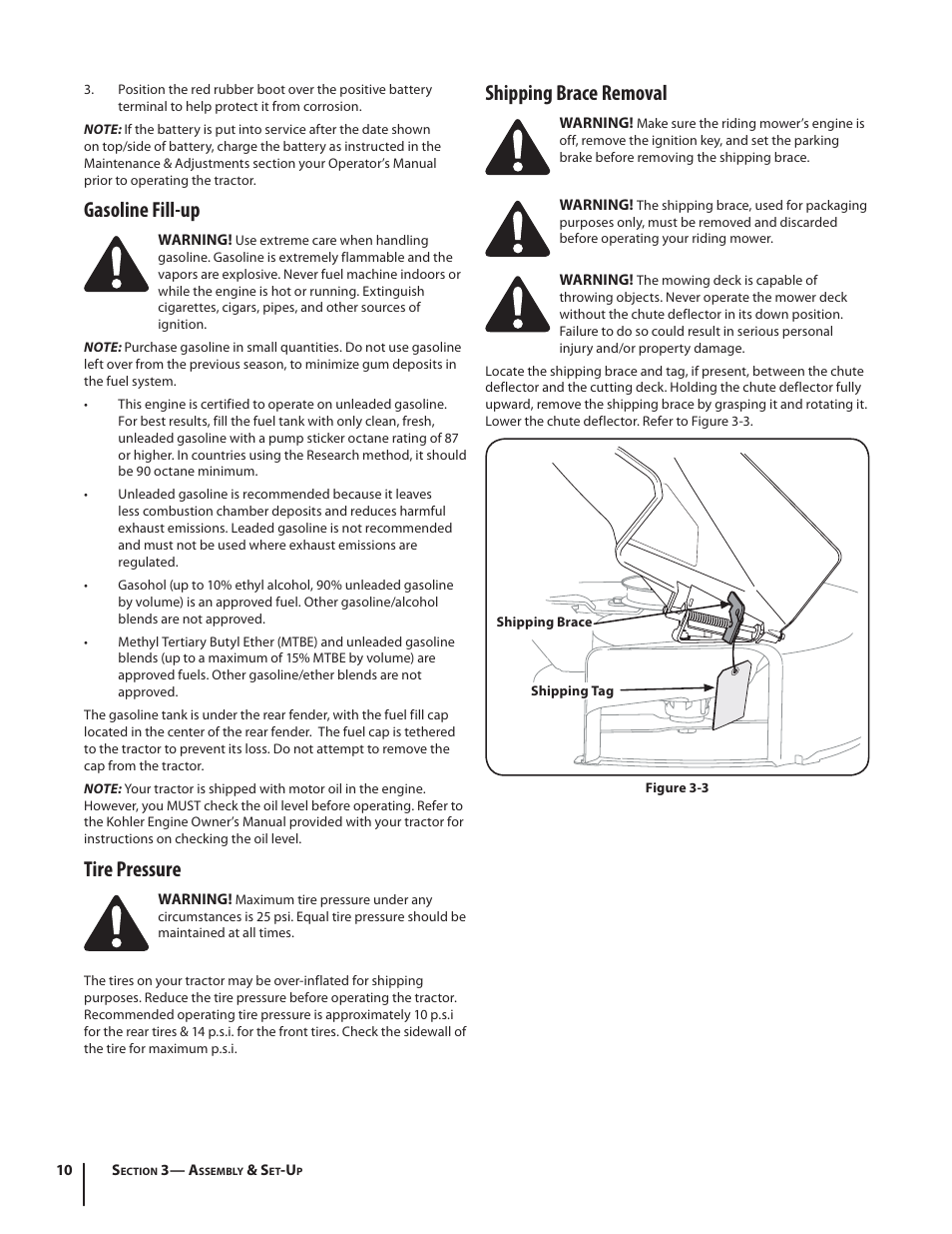 Gasoline fill-up, Tire pressure, Shipping brace removal | Cub Cadet I1042 User Manual | Page 10 / 36