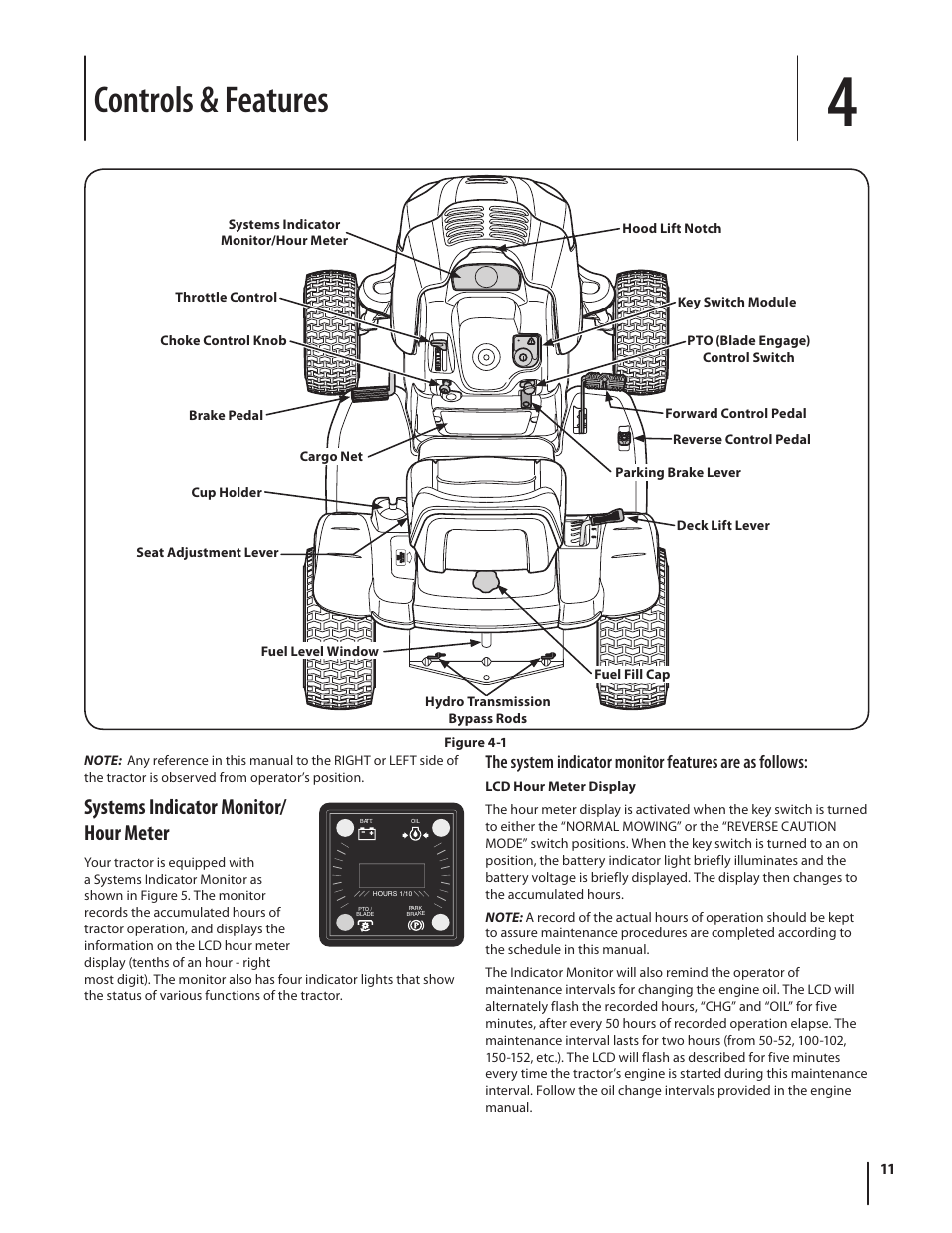 Controls & features, Systems indicator monitor/ hour meter | Cub Cadet I1042 User Manual | Page 11 / 36