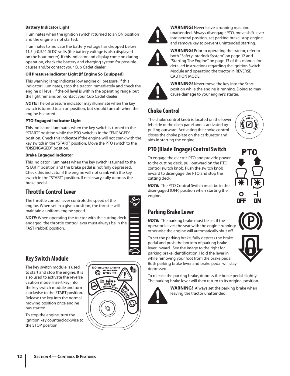 Throttle control lever, Key switch module, Choke control | Pto (blade engage) control switch, Parking brake lever | Cub Cadet I1042 User Manual | Page 12 / 36
