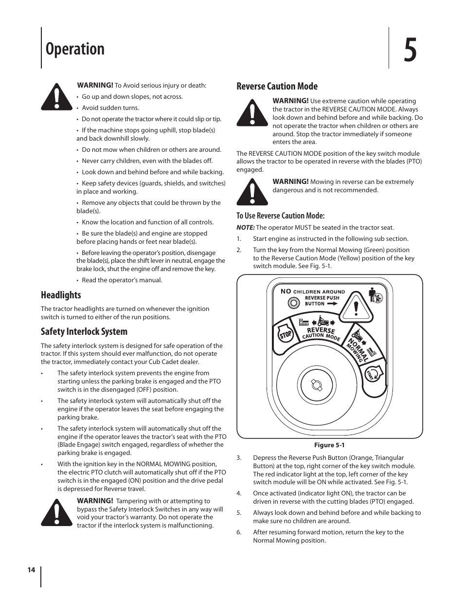 Operation, Headlights, Safety interlock system | Reverse caution mode | Cub Cadet I1042 User Manual | Page 14 / 36