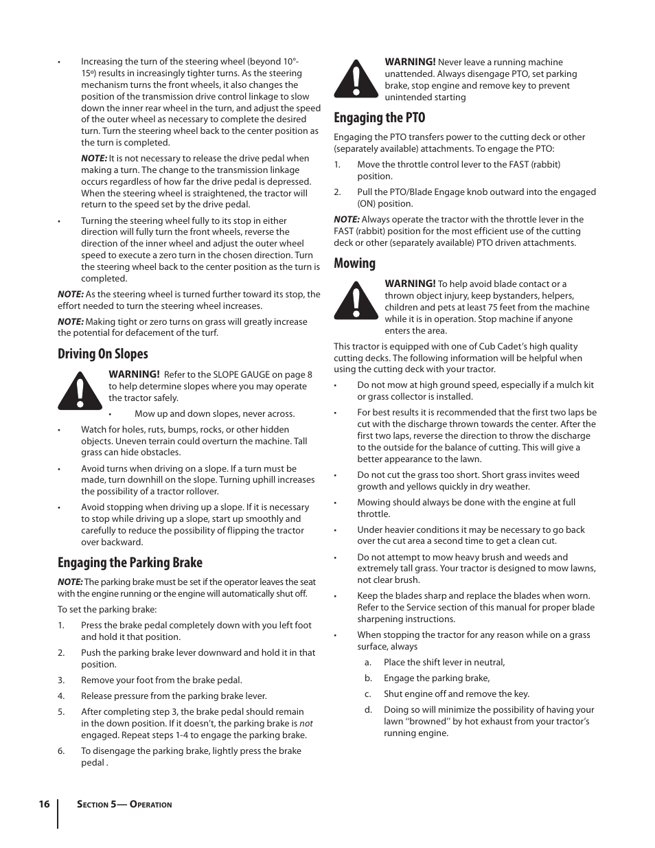 Driving on slopes, Engaging the parking brake, Engaging the pto | Mowing | Cub Cadet I1042 User Manual | Page 16 / 36