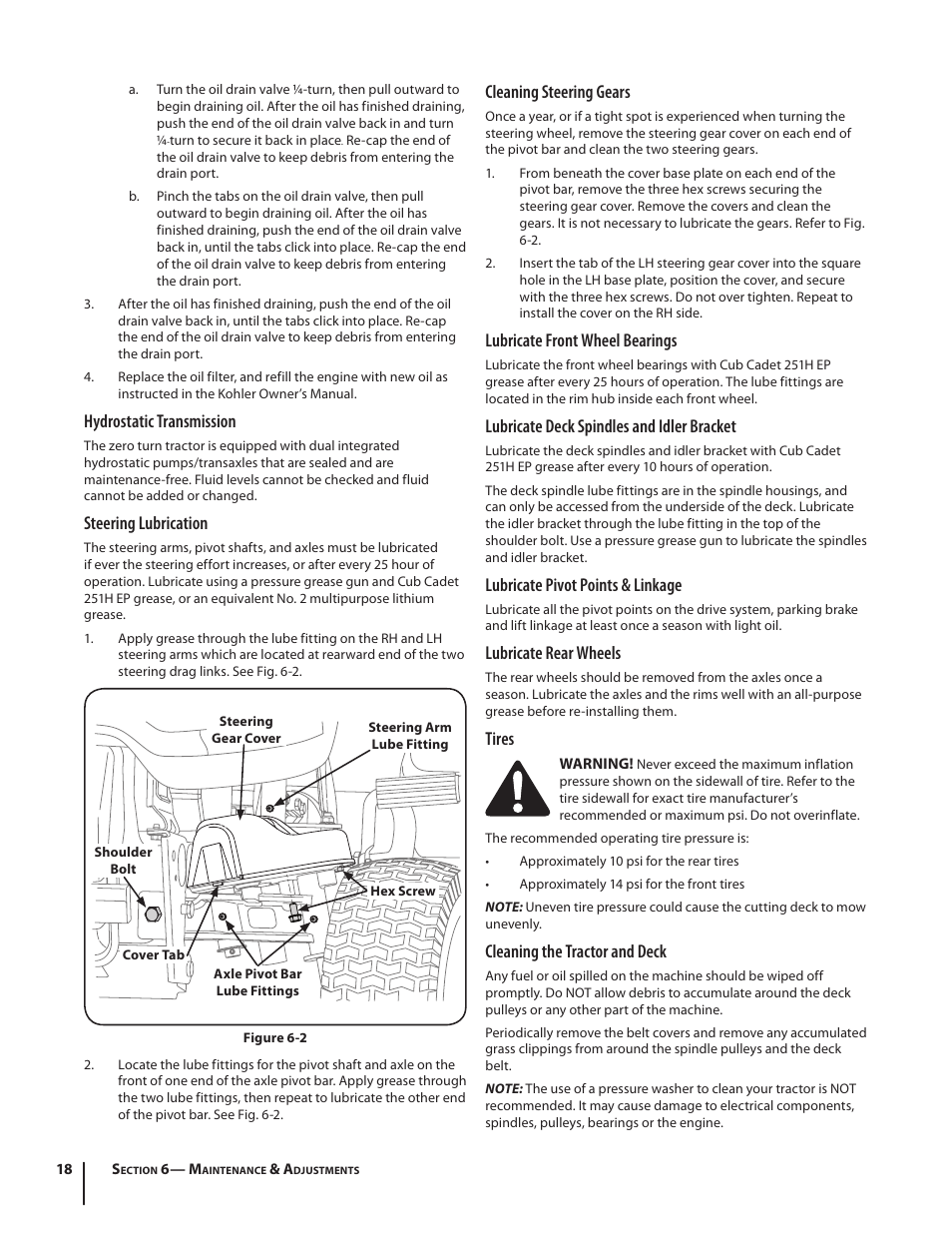 Hydrostatic transmission, Steering lubrication, Cleaning steering gears | Lubricate front wheel bearings, Lubricate deck spindles and idler bracket, Lubricate pivot points & linkage, Lubricate rear wheels, Tires, Cleaning the tractor and deck | Cub Cadet I1042 User Manual | Page 18 / 36