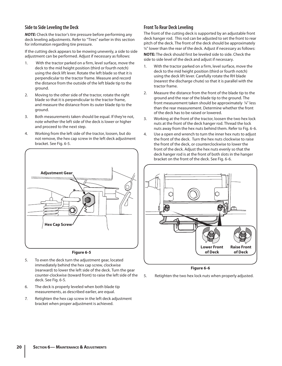 Side to side leveling the deck, Front to rear deck leveling | Cub Cadet I1042 User Manual | Page 20 / 36