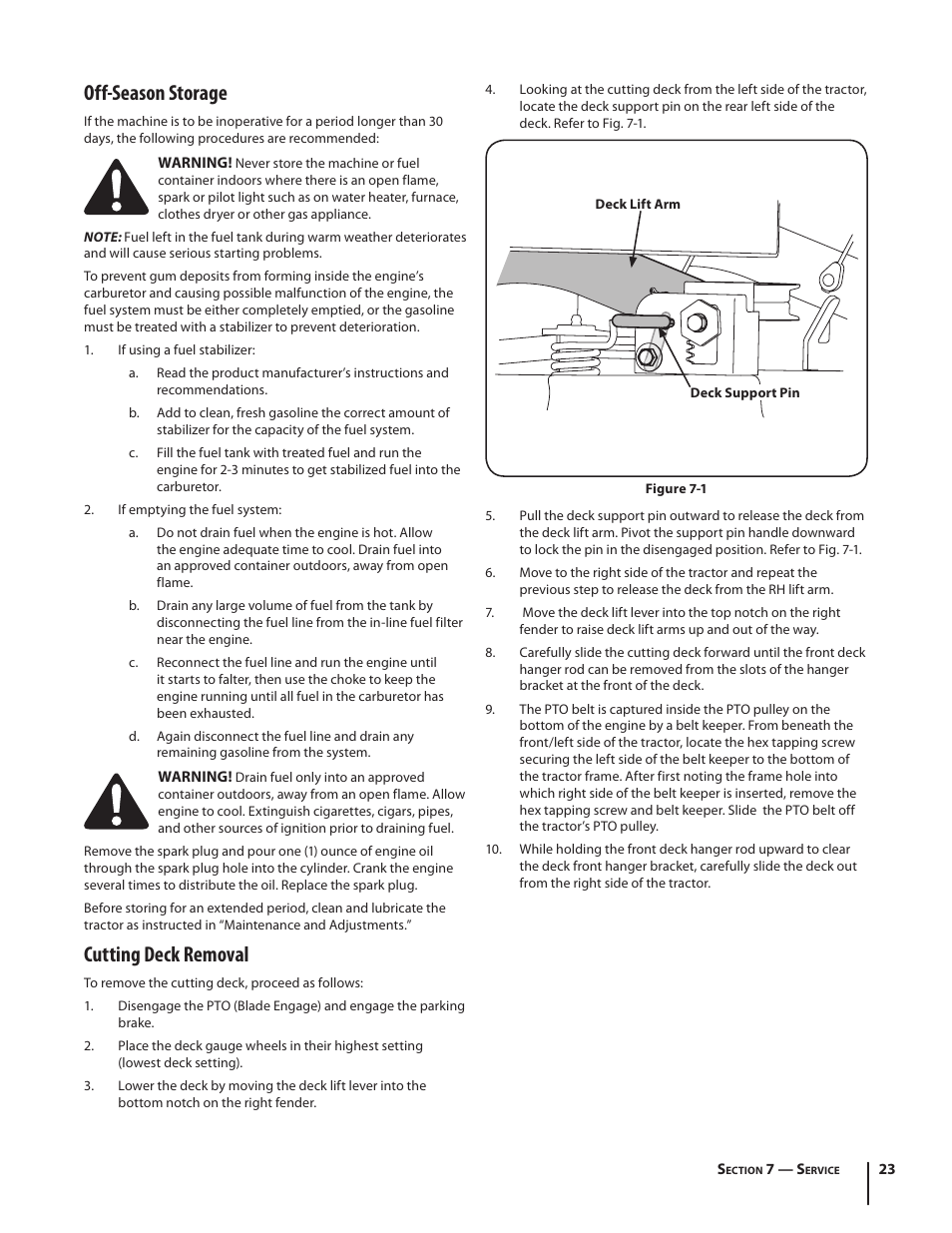 Off-season storage, Cutting deck removal | Cub Cadet I1042 User Manual | Page 23 / 36