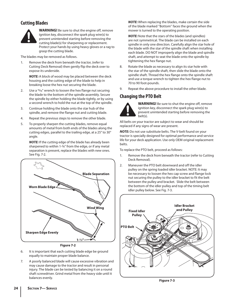 Cutting blades, Changing the pto belt | Cub Cadet I1042 User Manual | Page 24 / 36