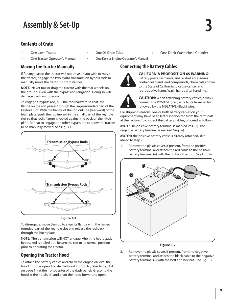 Assembly & set-up, Moving the tractor manually, Opening the tractor hood | Connecting the battery cables, Contents of crate | Cub Cadet I1042 User Manual | Page 9 / 36
