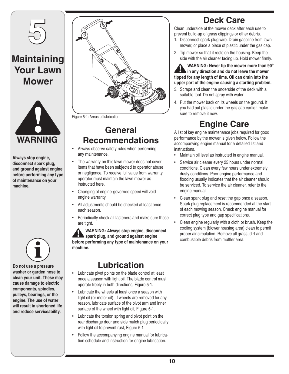 Maintaining your lawn mower, Warning, General recommendations | Lubrication, Deck care, Engine care | Cub Cadet 439 User Manual | Page 10 / 16