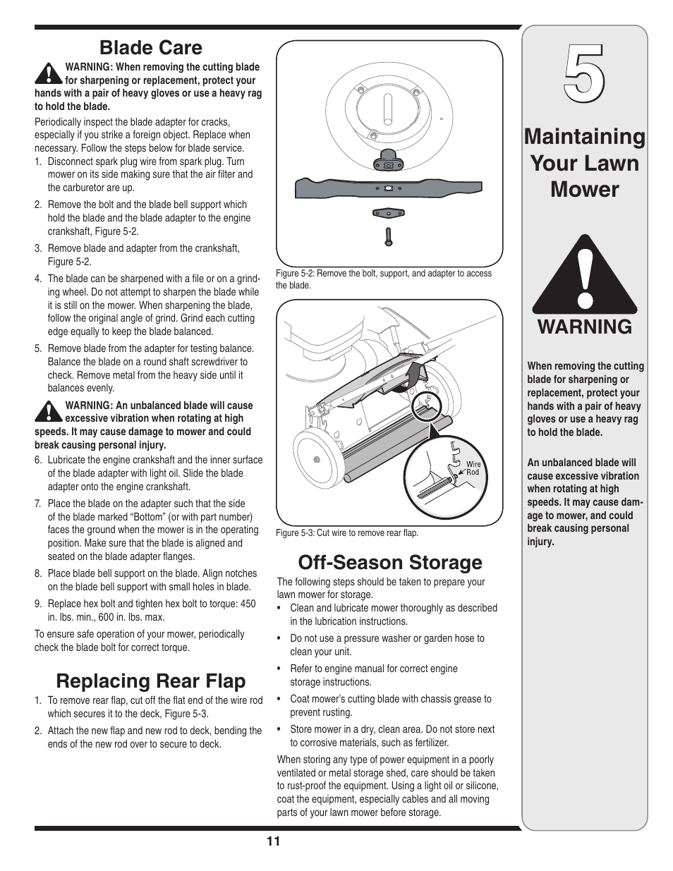 Maintaining your lawn mower, Warning, Blade care | Replacing rear flap, Off-season storage | Cub Cadet 439 User Manual | Page 11 / 16