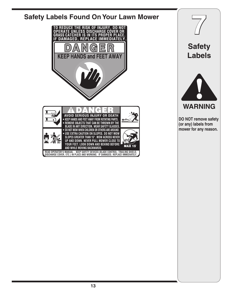 Safety labels, Warning, Safety labels found on your lawn mower | Cub Cadet 439 User Manual | Page 13 / 16