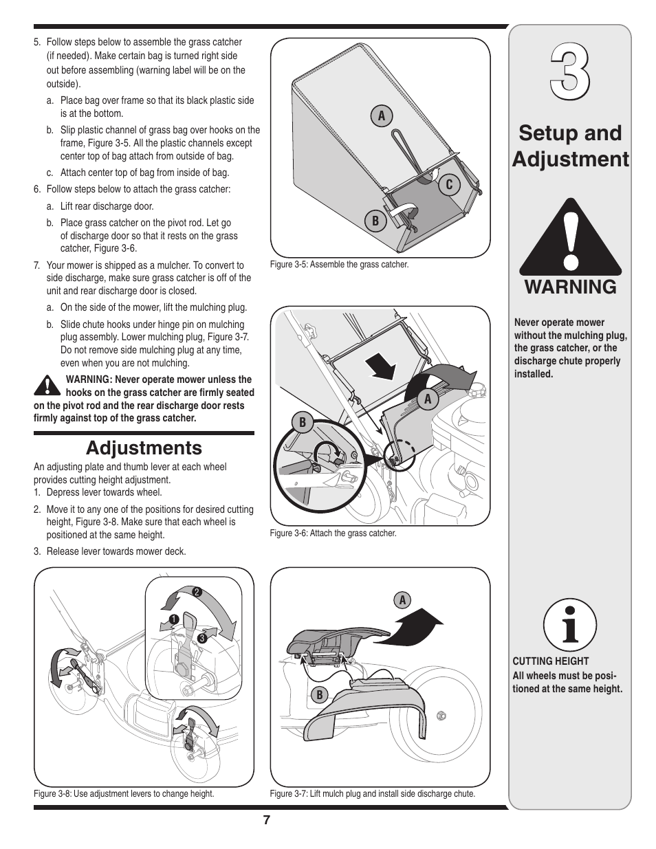 Setup and adjustment, Warning adjustments | Cub Cadet 439 User Manual | Page 7 / 16