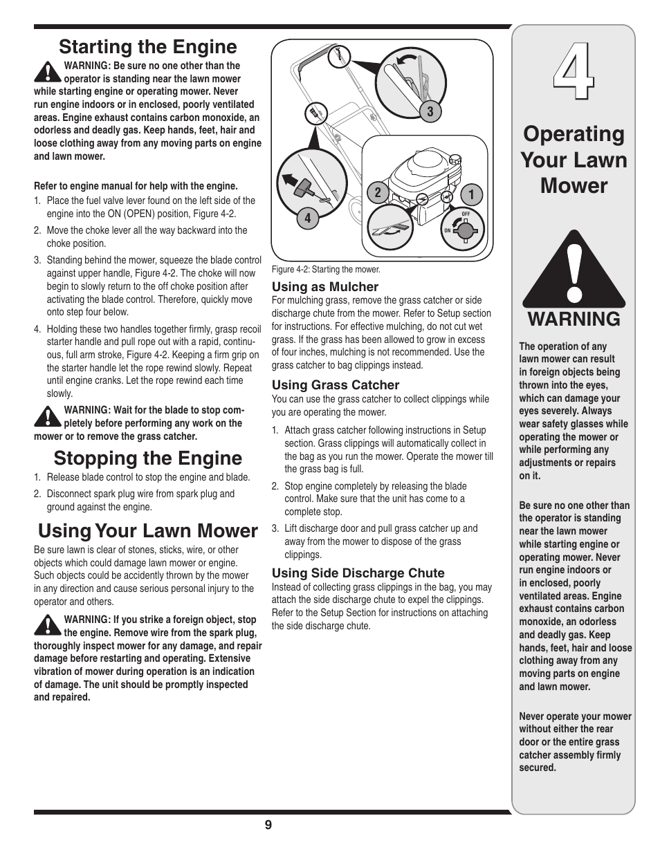 Operating your lawn mower, Starting the engine, Stopping the engine | Using your lawn mower, Warning | Cub Cadet 439 User Manual | Page 9 / 16