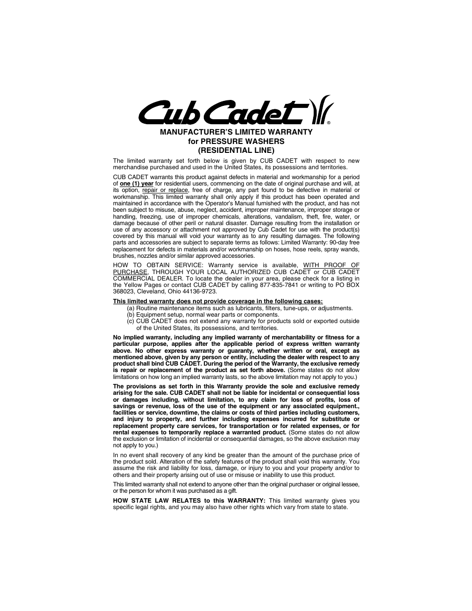 Warranty | Cub Cadet 2200H User Manual | Page 16 / 16