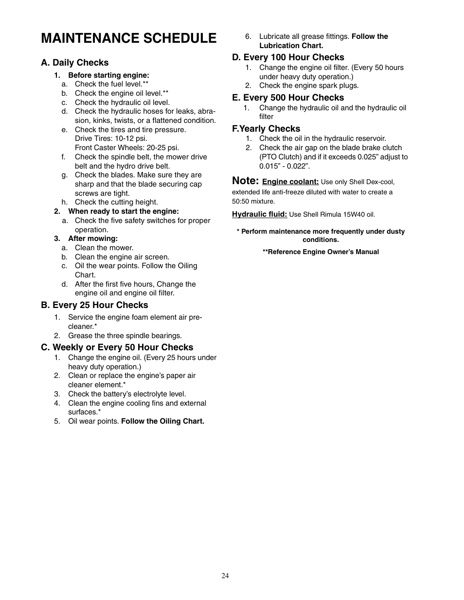 Maintenance schedule | Cub Cadet Fabricated Deck InDirect Injection Diesel User Manual | Page 24 / 32
