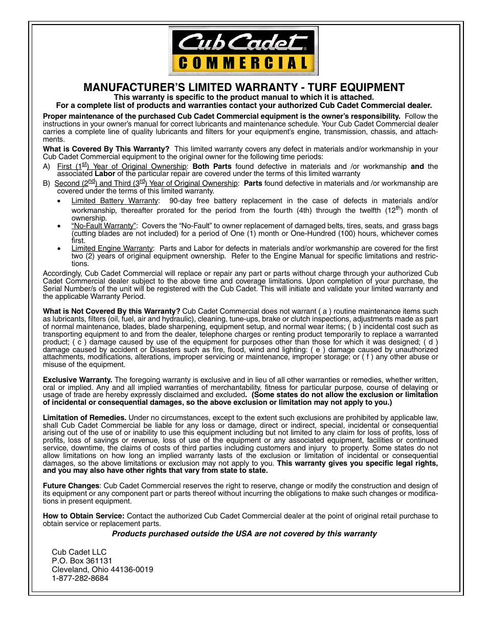 Manufacturer’s limited warranty - turf equipment | Cub Cadet Fabricated Deck InDirect Injection Diesel User Manual | Page 32 / 32