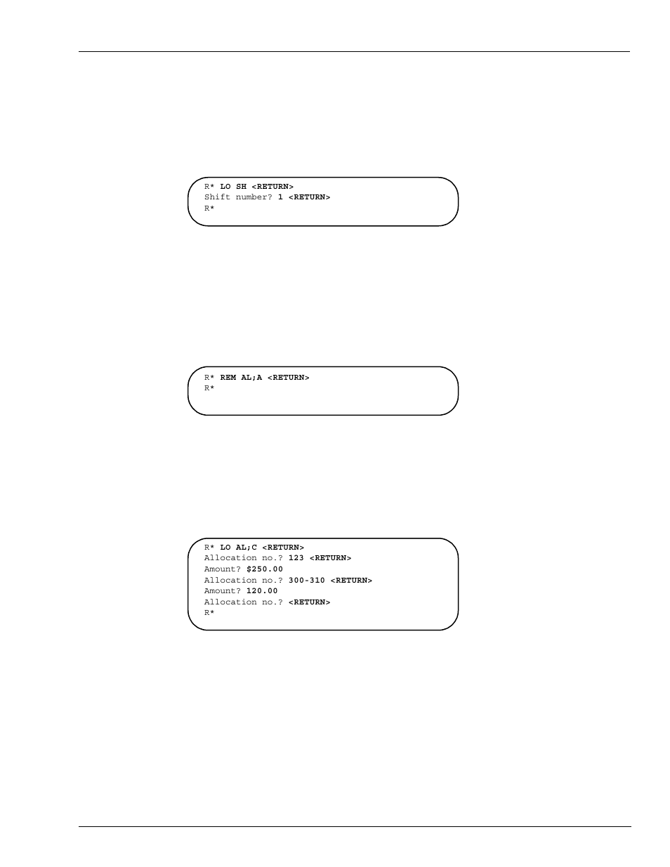 Optional features, Figure 12-32: example of lo sh command with prompt, Figure 12-33: example of rem al;a command | Gasboy Site Controller III Start-Up User Manual | Page 105 / 138