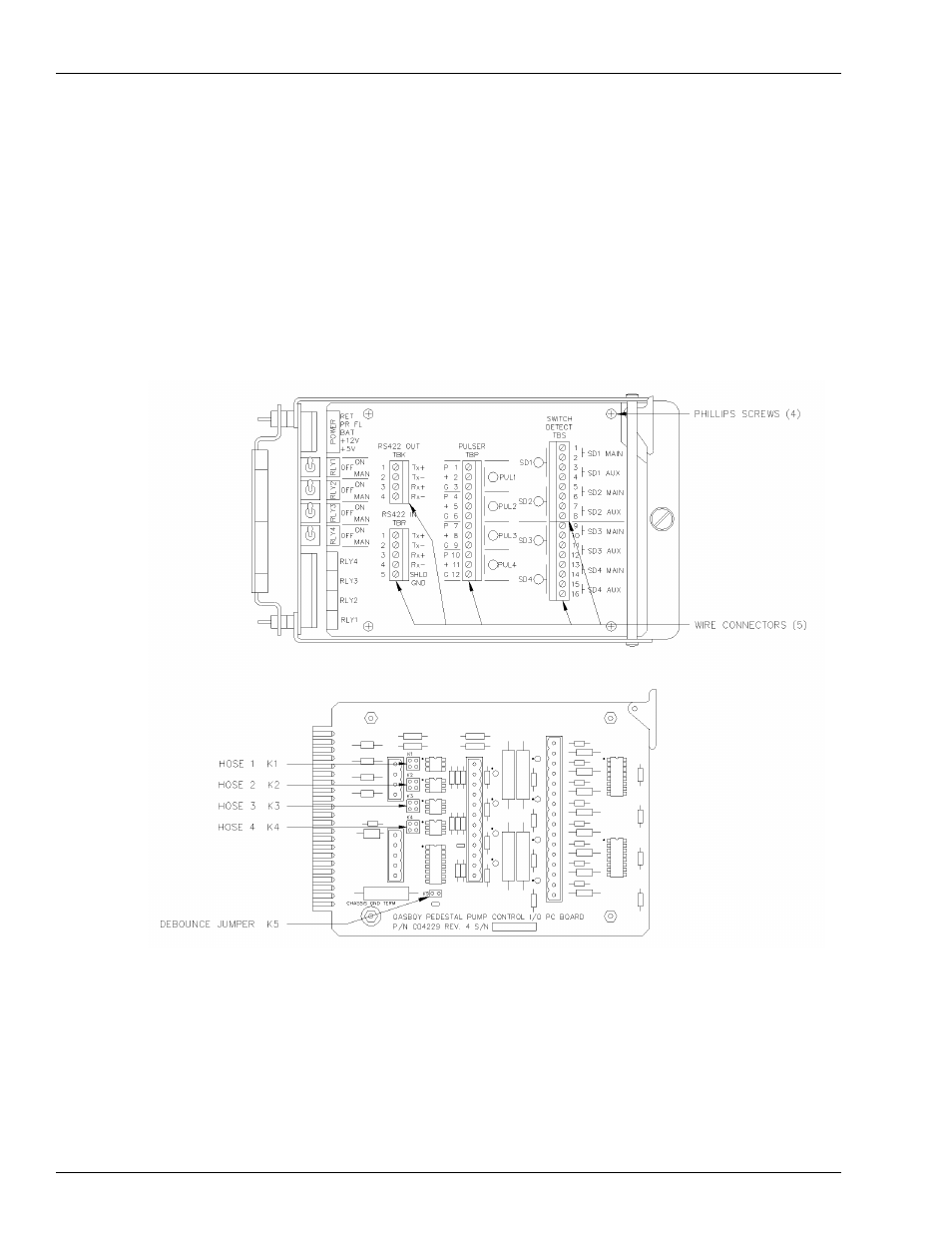 Pump control i/o printed circuit board, Figure 5-5: pump control i/o cover plate and pcb | Gasboy Site Controller III Start-Up User Manual | Page 54 / 138