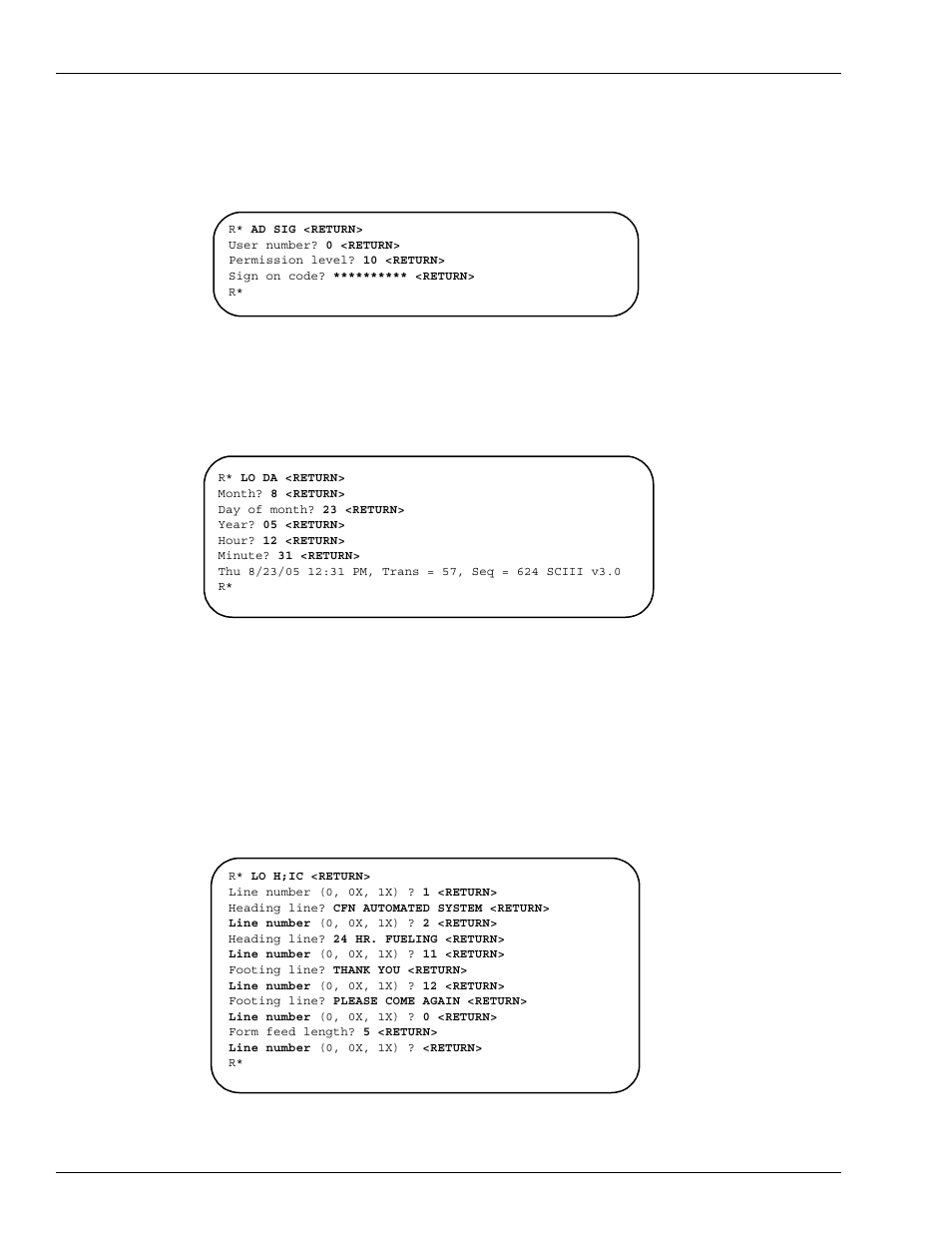 Receipt header, broadcast messages, Figure 12-3: example of lo da command with prompts | Gasboy Site Controller III Start-Up User Manual | Page 96 / 138