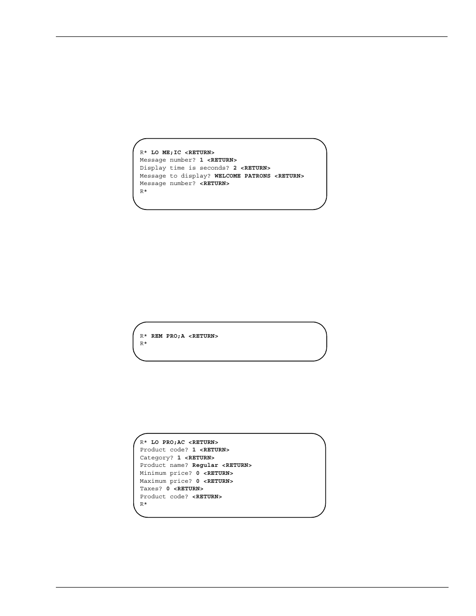 Figure 12-6: example of rem pro;a command, Re 12-28: example of e re;i command | Gasboy Site Controller III Start-Up User Manual | Page 97 / 138