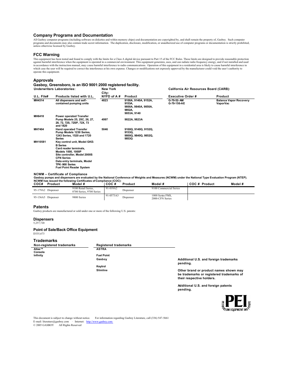 Company programs and documentation, Fcc warning, Approvals | Patents, Trademarks | Gasboy CFN III Quick Reference Guide v3.3 User Manual | Page 2 / 64