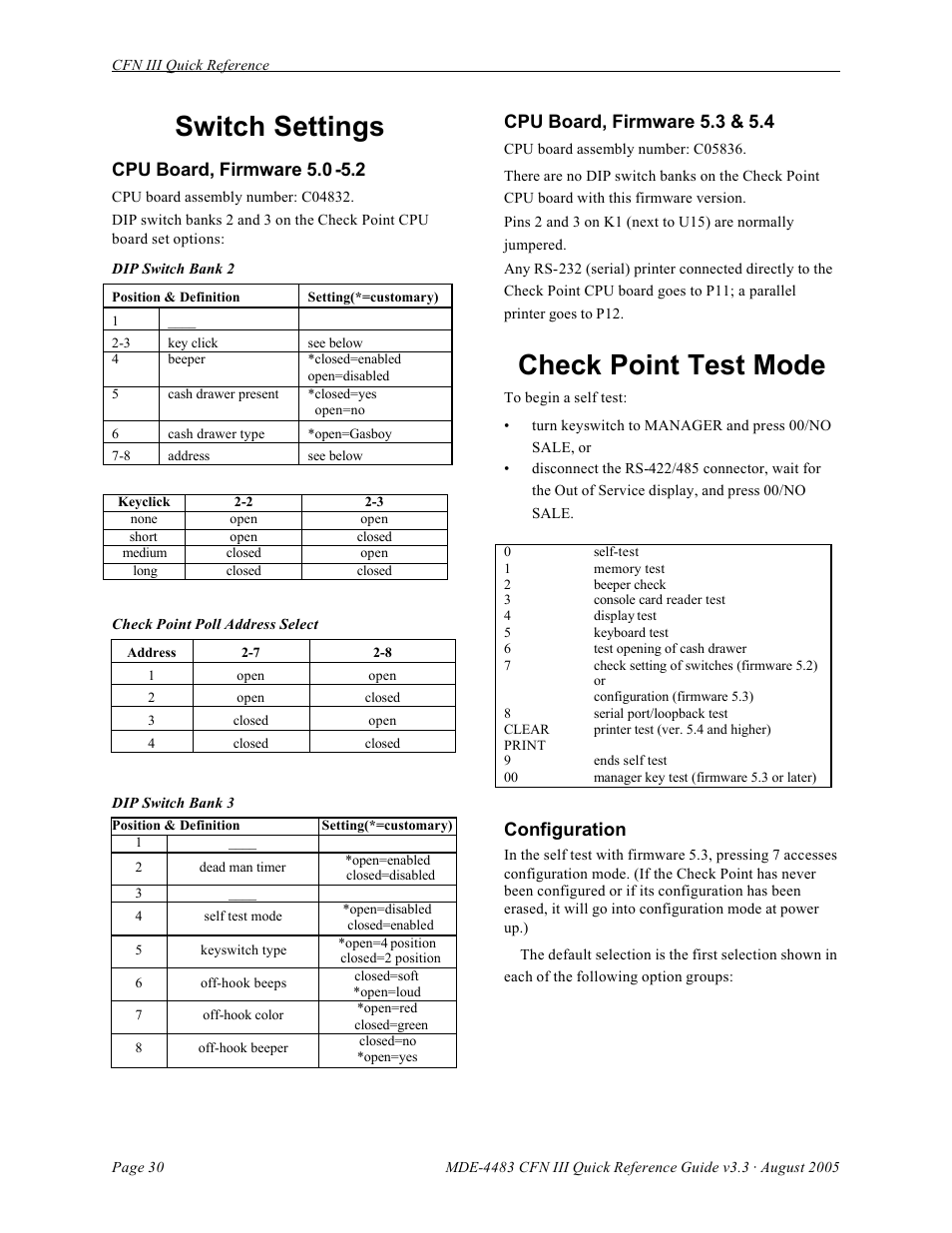 Switch settings, Check point test mode | Gasboy CFN III Quick Reference Guide v3.3 User Manual | Page 34 / 64