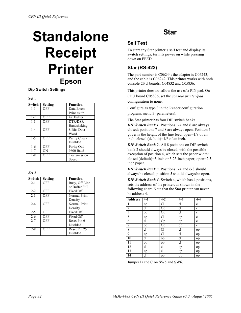 Standalone receipt printer, Epson, Star | Gasboy CFN III Quick Reference Guide v3.3 User Manual | Page 36 / 64