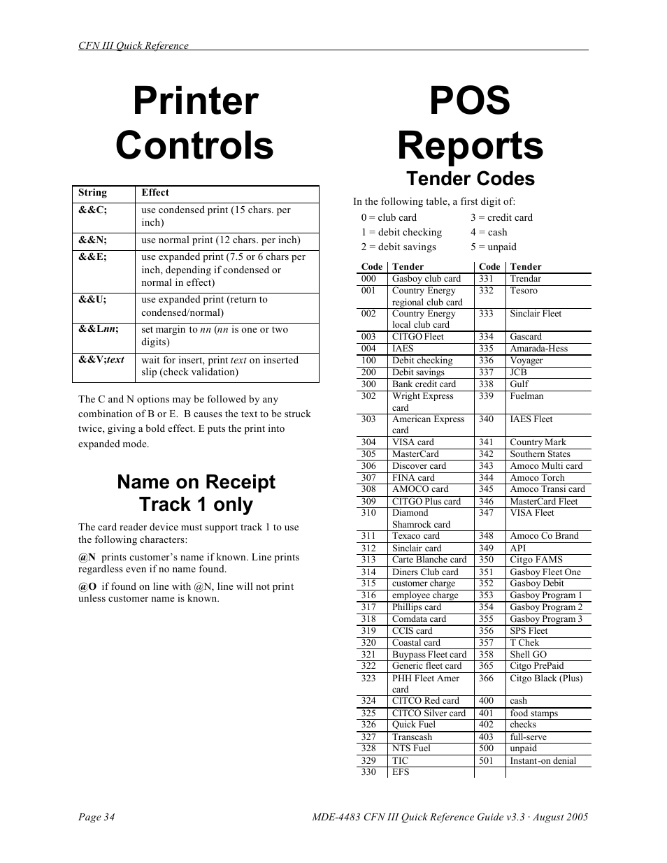 Printer controls, Pos reports, Name on receipt track 1 only | Tender codes | Gasboy CFN III Quick Reference Guide v3.3 User Manual | Page 38 / 64