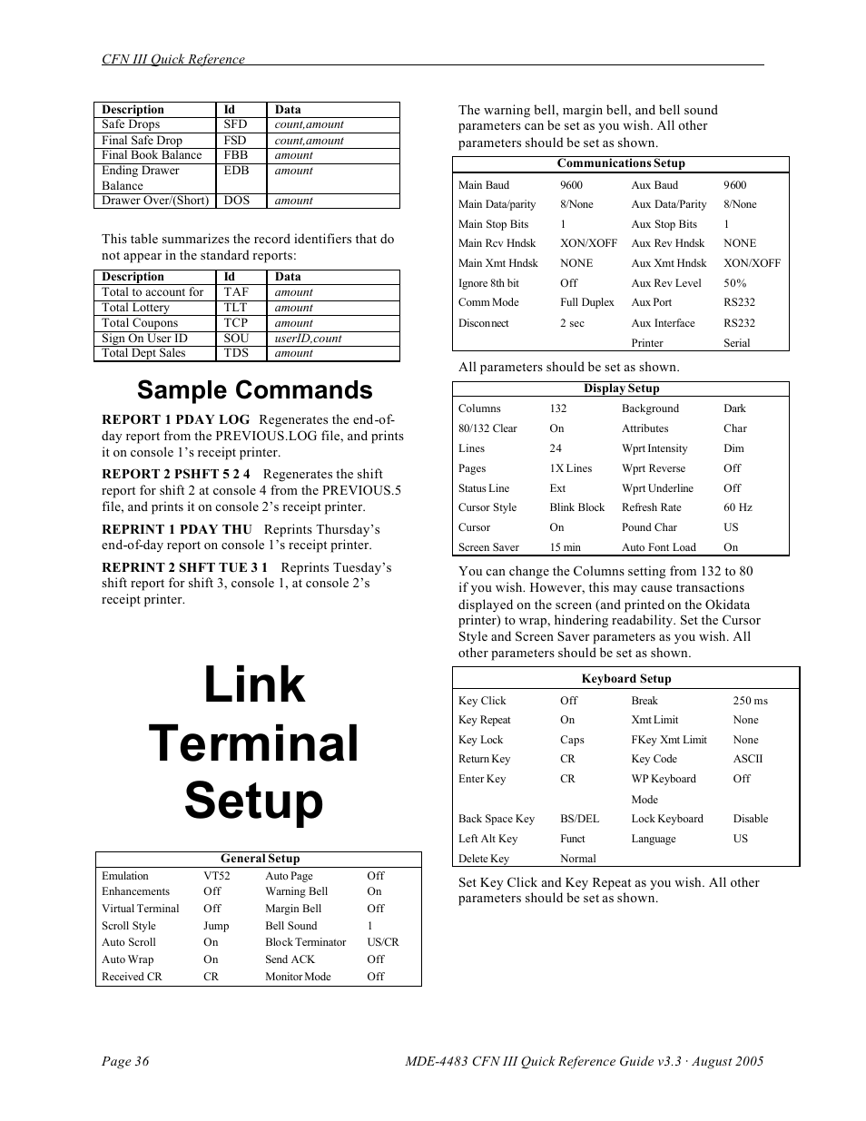 Link terminal setup, Sample commands | Gasboy CFN III Quick Reference Guide v3.3 User Manual | Page 40 / 64