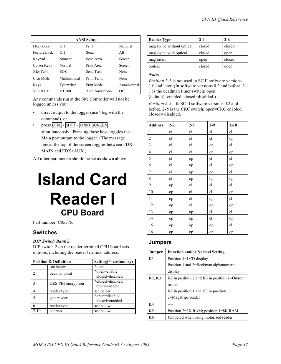 Island card reader i, Cpu board, Switches | Jumpers | Gasboy CFN III Quick Reference Guide v3.3 User Manual | Page 41 / 64