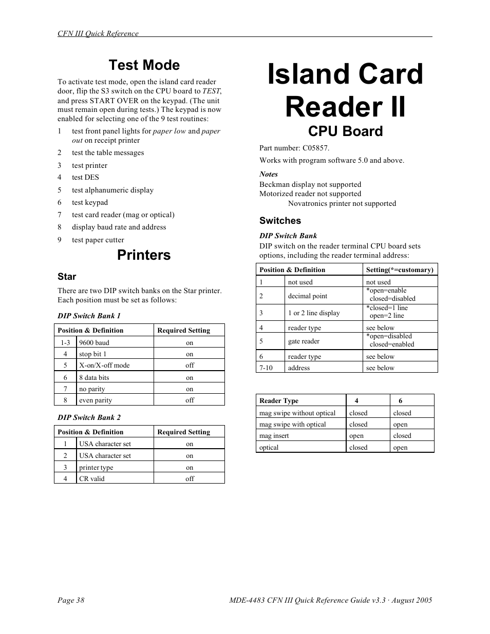 Island card reader ii, Test mode, Printers | Cpu board | Gasboy CFN III Quick Reference Guide v3.3 User Manual | Page 42 / 64