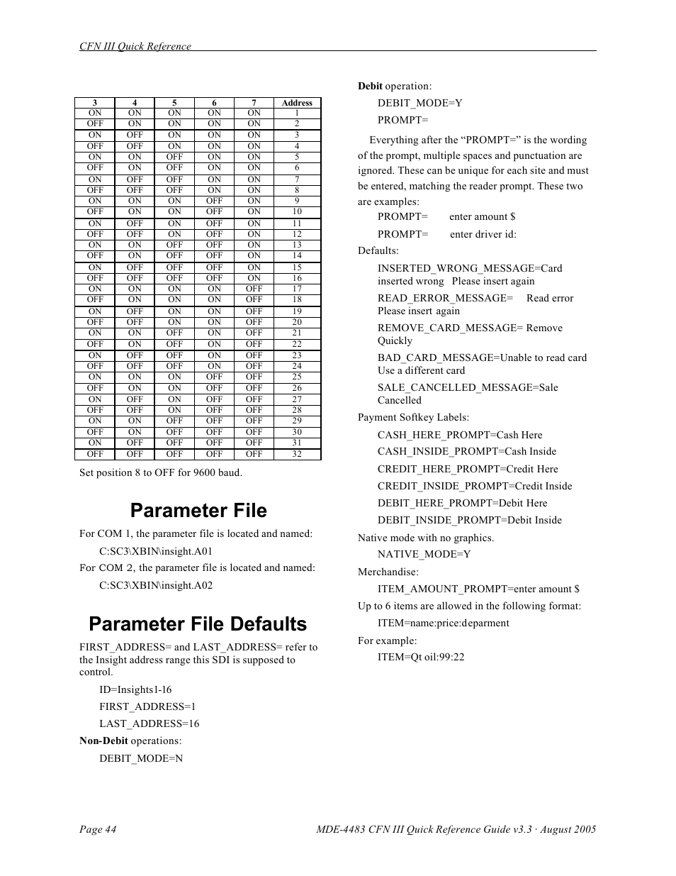 Parameter file, Parameter file defaults | Gasboy CFN III Quick Reference Guide v3.3 User Manual | Page 48 / 64