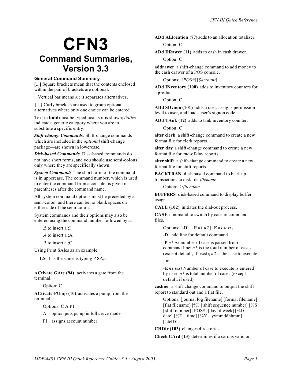 Cfn3, Command summaries, version 3.3 | Gasboy CFN III Quick Reference Guide v3.3 User Manual | Page 5 / 64
