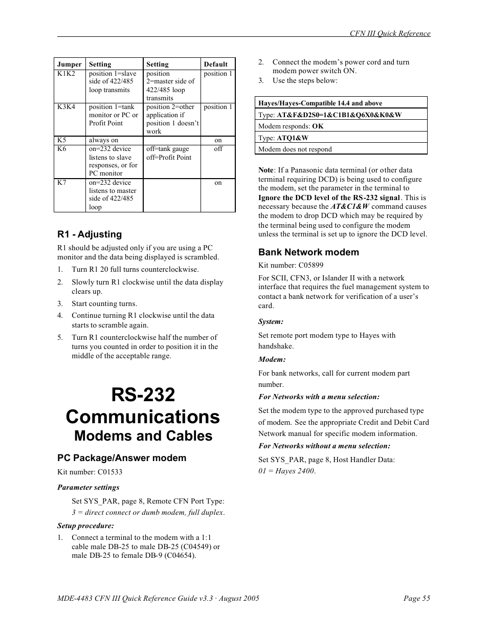 Rs-232 communications, Modems and cables | Gasboy CFN III Quick Reference Guide v3.3 User Manual | Page 59 / 64