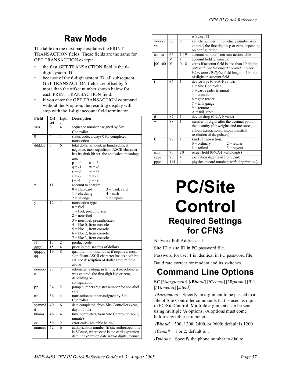 Pc/site control, Raw mode, Required settings for cfn3 | Command line options | Gasboy CFN III Quick Reference Guide v3.3 User Manual | Page 61 / 64