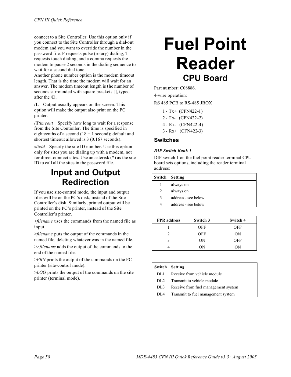 Fuel point reader, Input and output redirection, Cpu board | Gasboy CFN III Quick Reference Guide v3.3 User Manual | Page 62 / 64