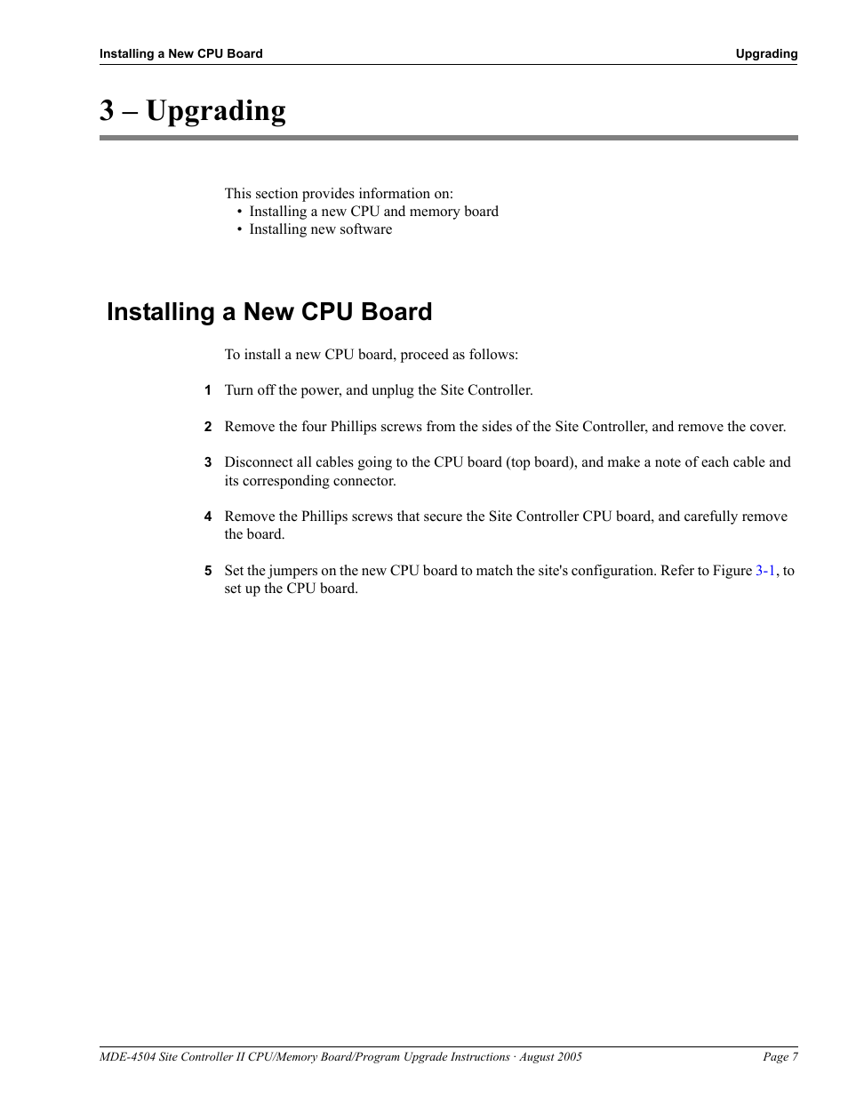 3 - upgrading, Installing a new cpu board, 3 – upgrading | Installing a new cpu board -7 | Gasboy Site Controller II CPU User Manual | Page 11 / 26