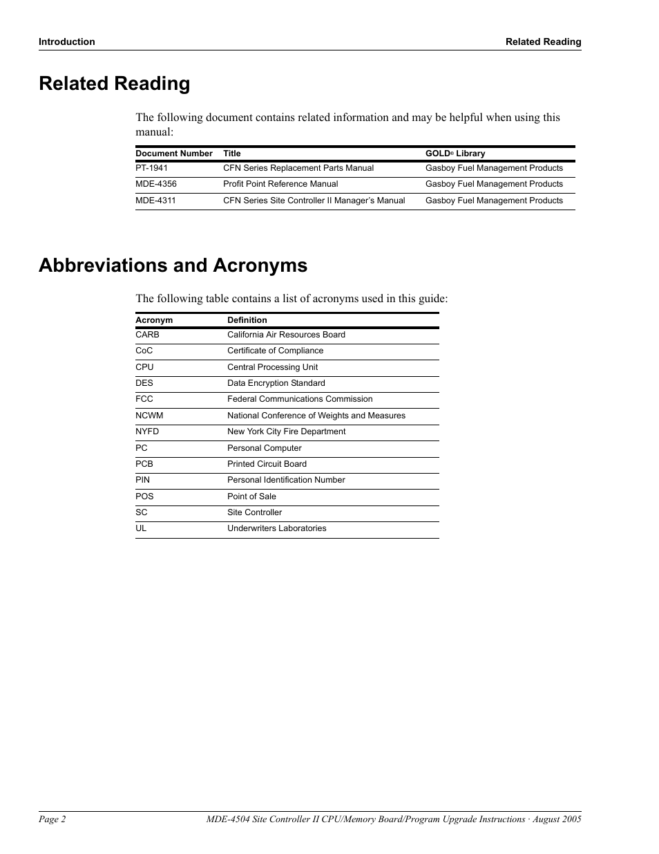 Related reading, Abbreviations and acronyms, Related reading -2 | Abbreviations and acronyms -2 | Gasboy Site Controller II CPU User Manual | Page 6 / 26