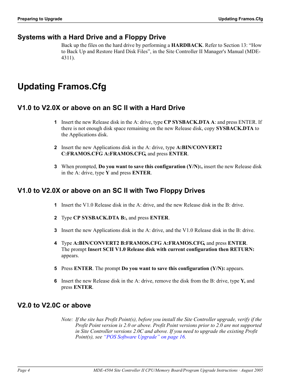 Systems with a hard drive and a floppy drive, Updating framos.cfg, 2 type cp sysback.dta b:, and press enter | V2.0 to v2.0c or above, Systems with a hard drive and a floppy drive -4, Updating framos.cfg -4 | Gasboy Site Controller II CPU User Manual | Page 8 / 26