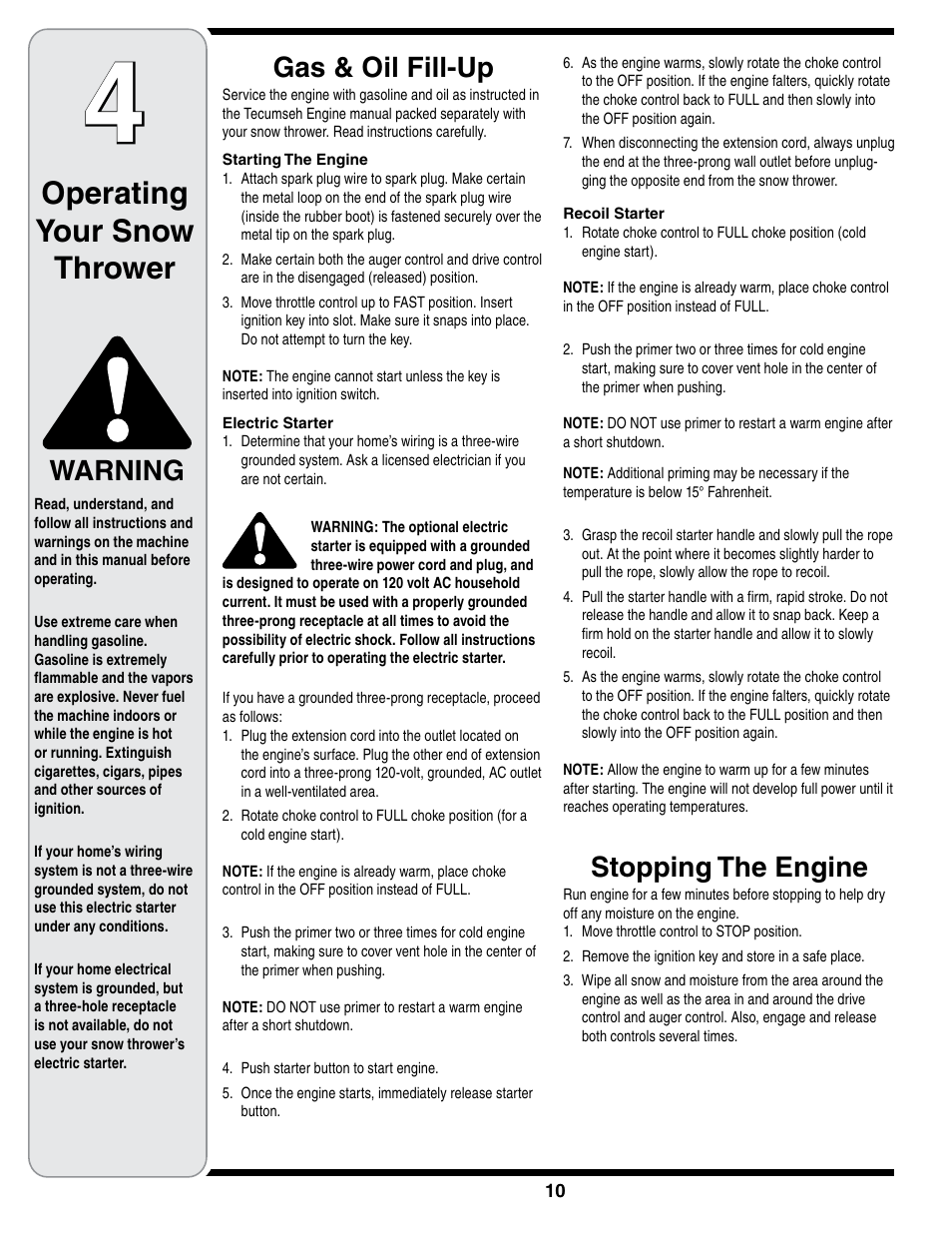 Operating your snow thrower, Gas & oil fill-up, Stopping the engine | Warning | Cub Cadet SWE 528 User Manual | Page 10 / 28