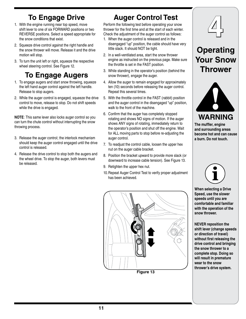 Operating your snow thrower, Warning, Auger control test | Cub Cadet SWE 528 User Manual | Page 11 / 28