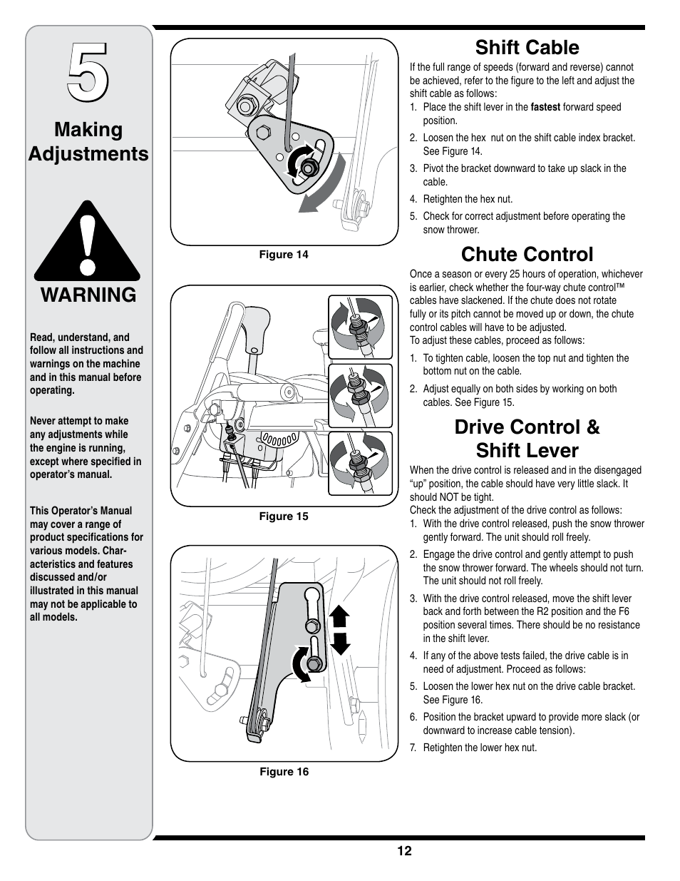 Shift cable, Chute control, Drive control & shift lever | Making adjustments, Warning | Cub Cadet SWE 528 User Manual | Page 12 / 28